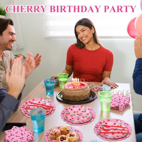 Funnymoom 400 Pcs Cherry Party Supplies for 50 Guest Cute Fruit Birthday Disposable Plates Napkin Cup Spoon Fork Knives for Summer Picnic Wedding Birthday Baby Shower Bridal Party Supplies - Image 4