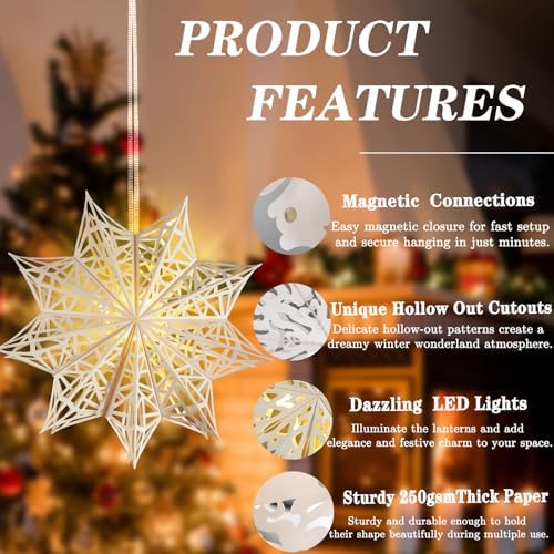 10 Pcs Christmas Paper Snowflake Lanterns, Large Christmas Paper Star Lanterns with LED Lights White Hanging Snowflake Lamp Ornaments for Xmas Winter Frozen Weddings Birthday Holiday Party Decorations - Image 4