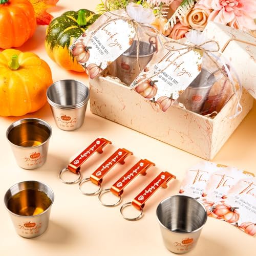 50 Sets Pumpkin Baby Shower Favors for Guests, Little Pumpkin Baby Shower Decorations with 1.5 oz Shot Glasses, Bottle Opener Keychains, Thank You Tags, Organza Bags, Fall Gender Reveal Party Supplies - Image 5