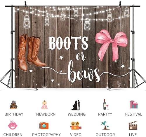 12x6ft Gender Reveal Backdrop Boots or Bows Photography Background Glitter Dot Star Rustic Wood Board Cartoon Baby Shower Banner Decorations Newborn Boy Girl Birthday Party Photo Booth Prop - Image 3
