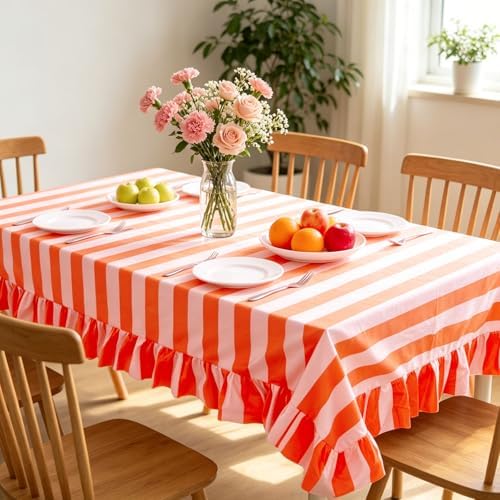 JarThenaAMCS Ruffle Tablecloth Orange Pink Striped Table Cloth Rectangle Decorative Table Cover with Ruffled Edge for Home Kitchen Dining Party Decor, 60 x 120 Inch - Image 7