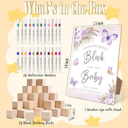 Purple Butterfly Baby Shower Decorate a Block Game Set 79 Pieces,Baby Shower Blocks for Gender Reveal Games, Includes 54 Blank Baby Building Blocks, 24 Watercolor Markers, 1 Baby Shower Game Sign,4 - Image 2