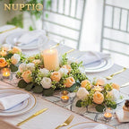 NUPTIO Flower Candle Rings Centerpieces: 13.4 Inch Champagne & White Artificial Rose Wreath for Wedding Party Christmas Decorations - Spring Summer Front Door Porch Decor 2 Pcs - Image 2