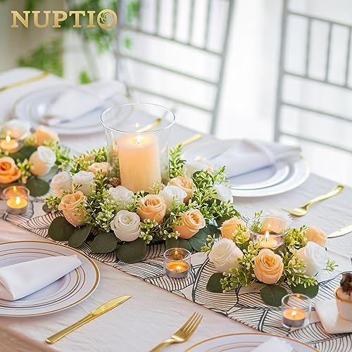 NUPTIO Flower Candle Rings Centerpieces: 13.4 Inch Champagne & White Artificial Rose Wreath for Wedding Party Christmas Decorations - Spring Summer Front Door Porch Decor 2 Pcs - Image 2