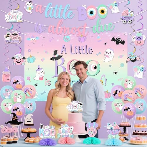 Pastel Halloween Baby Shower Decorations A Little Boo Is Almost Due Backdrop Banner Cake Topper A Baby Is Brewing Spooky Honeycomb Centerpiece Halloween Hanging Swirls Balloons for Pregnancy - Image 4