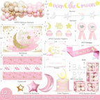 Party Inspo Over the Moon Baby Shower Decorations for Girl – 127 PCs Moon Themed Party Supplies with Backdrop Balloon Garland Cake Topper Tablecloth Sash Poster Banner for Girl Baby Shower - Image 2