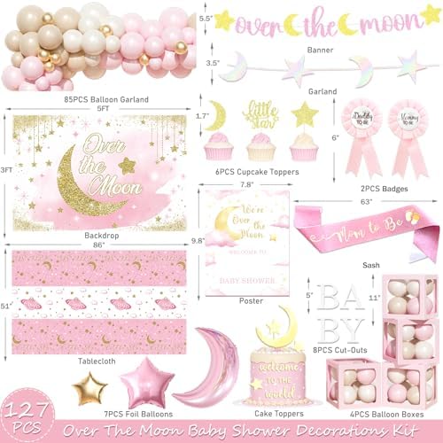 Party Inspo Over the Moon Baby Shower Decorations for Girl – 127 PCs Moon Themed Party Supplies with Backdrop Balloon Garland Cake Topper Tablecloth Sash Poster Banner for Girl Baby Shower - Image 2