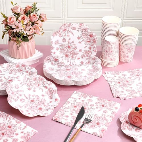 Newtay 250 Pcs Pink Floral Disposable Paper Plate Napkins - Image 4