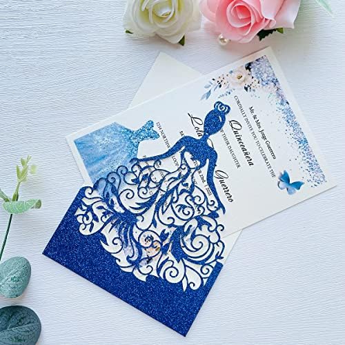 5.12 x7.28 inch 50PCS Royal Blue Glitter Quinceanera Invitations Kit Laser Cut Hollow Girl Princess Pocket with Envelopes Invitations for Quinceanera Bridal Shower Invite - Image 4