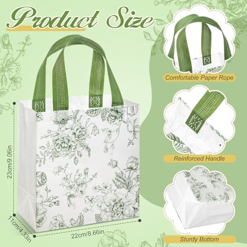 HunnmingRe 30 Pcs Sage Green Floral Gift Bags Floral Gifts Bag with Handles Bulk Wedding Bridal Shower Party Favor Non Woven Reusable Tote for Women Baby Shower Birthday Tea Fall Party Supplies - Image 2