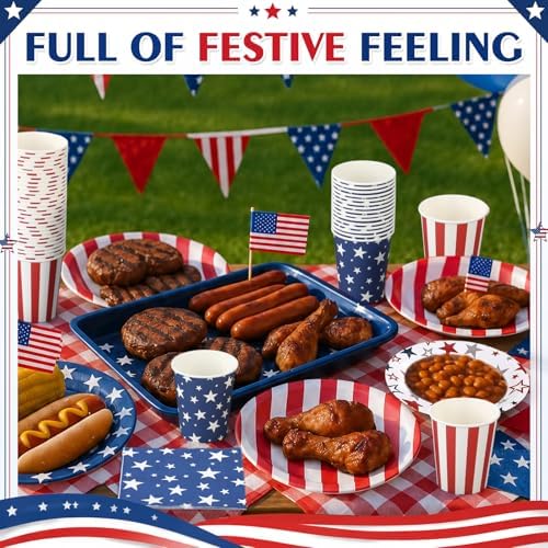 Ziliny 240 Pcs 4th of July American Flag Patriotic 7 9 Inch Paper Plates Napkins Cups Disposable Tableware Sets for Independence Memorial Veterans Day Decorations Party Supplies, Serve 60 - Image 5