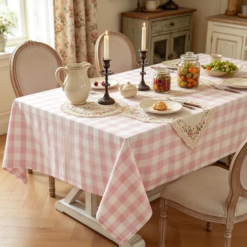 Laolitou Pink Gingham Table Cloth Rectangle Tables Buffalo Plaid Checkered Tablecloth Cotton Linen Farmhouse Tablecloths Washable Wrinkle Free for Baby Shower Picnic Kitchen, 60"x120" 10-12 Seats - Image 2