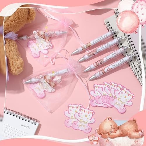 Chuangdi 50 Sets Baby Shower Favors Gifts for Guests Includes 50 Pcs Ballpoint Pens, Thank You Cards and Organza Bags(Pink Bear) - Image 3