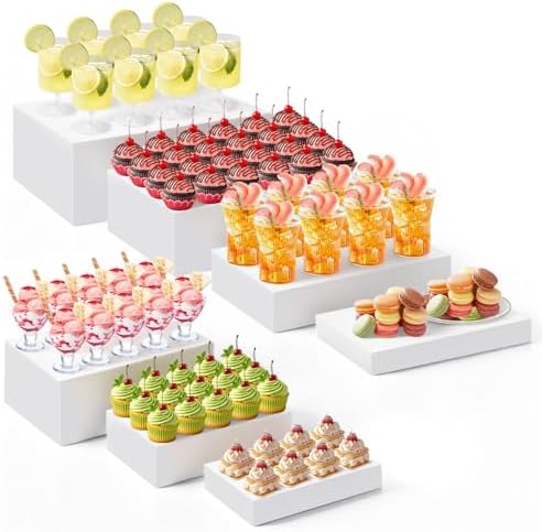 Leinuosen 7 Pcs Large Buffet Risers Set 6" to 12" Rectangle Acrylic Display Box Catering Dessert Table Riser Food Display Decorative Stand with Hollow Bottom for Catering Supplies(White) by Leinuosen