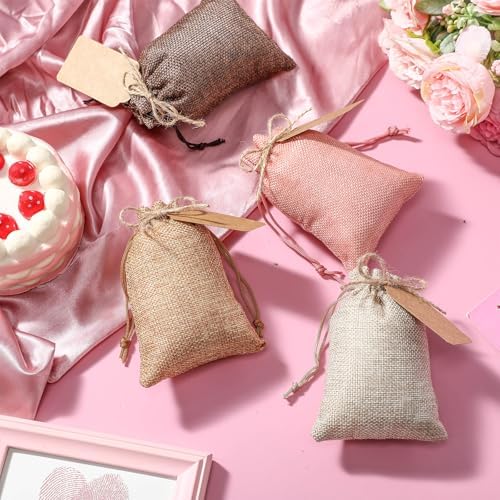 Woanger 100 Pcs Drawstring Burlap Gift Bags 4x6'' with Tags, Brown Pink Mix - Image 7