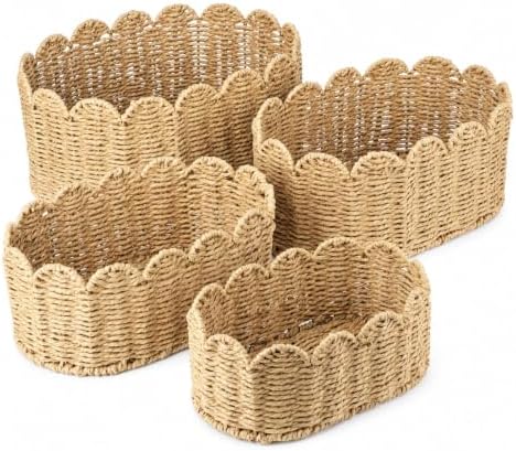 Pinkunn 4 Set Premium Scalloped Basket, Wicker Storage Baskets, 4 Sizes by Pinkunn