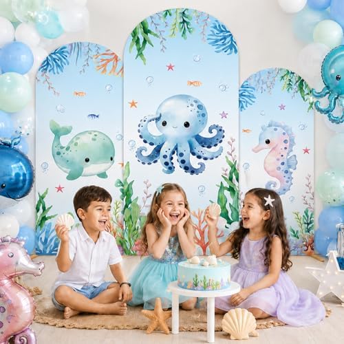 3Pcs Under The Sea Party Decoration Ocean Arch Backdrop Cover Set Underwater Milk Silk Fitted Arch Stand Cover for Summer Marine Theme Birthday Baby Shower Decor Fits 4ft 5ft 6ft - Image 6