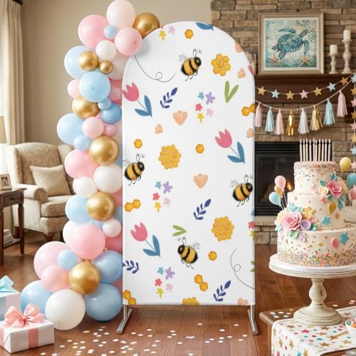 Arch Backdrop Cover for Wedding Spring Flowers Cute Bees 7.2FT Stretch Spandex Party Arch Cover, Fabric Backdrop Banner for Baby Shower, Birthday, Bridal Shower Decor Pink Tulips Honeycombs White - Image 3