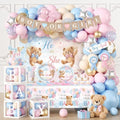 Bear Gender Reveal Decorations All-in-1 He or She Gender Reveal Decorations with Pink Blue Balloon Arch Baby Boxes Tableware Cake Toppers Tablecloth Backdrop Boy or Girl Bear Theme Party Supplies by Juweked