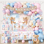 Bear Gender Reveal Decorations All-in-1 He or She Gender Reveal Decorations with Pink Blue Balloon Arch Baby Boxes Tableware Cake Toppers Tablecloth Backdrop Boy or Girl Bear Theme Party Supplies by Juweked
