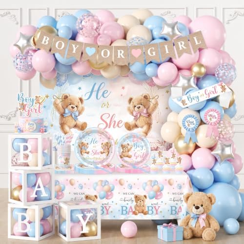 Bear Gender Reveal Decorations All-in-1 He or She Gender Reveal Decorations with Pink Blue Balloon Arch Baby Boxes Tableware Cake Toppers Tablecloth Backdrop Boy or Girl Bear Theme Party Supplies by Juweked