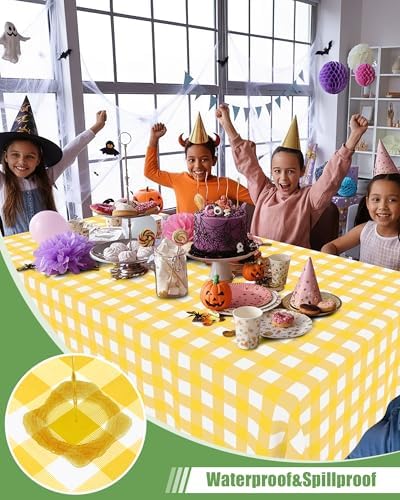 Smiry 8 Packs Gingham Disposable Table Cloth, 54 x 108 Inch Waterproof Plastic Tablecloth, Rectangle Yellow and White Checkered Table Covers for Picnic, Birthday, Party - Image 2