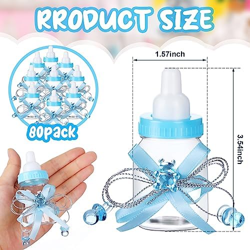 80 Pcs 3.5 Inch Baby Mini Milk Bottle Baby Shower Favor with Small Plastic Bear Candy Bottle with Ribbon for Boy Girl Newborn Baptism Party Decor (Blue) - Image 2