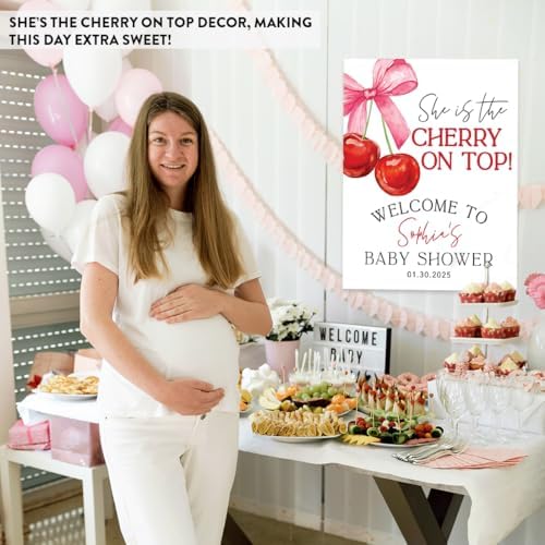 Andaz Press Personalized She's The Cherry on Top Baby Shower Decorations, Custom Coquette Bow Cherry Themed Party Decorations Baby Shower Welcome Sign Decor, 16x20 Inch - Image 5