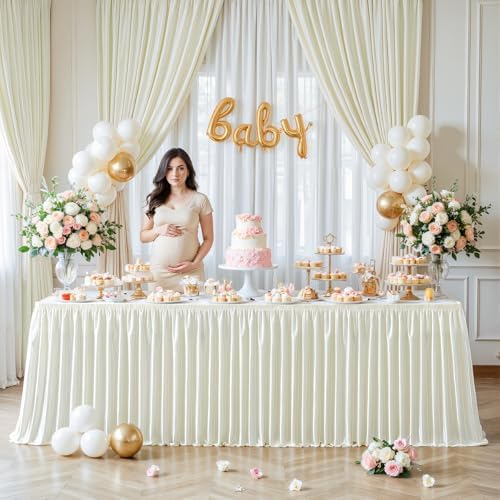 Wish Care 21ft Ivory Satin Long Table Skirt for Rectangle Tables Wrinkle Free Teacher Desk Skirt Glitter Ruffle Table Skirting Cloth for Back to School Classroom Office Birthday Party Table Decor - Image 5