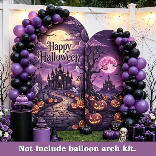Set of 2 Purple Happy Halloween Arch Backdrop Covers (7.2ft, 6ft) - Image 2