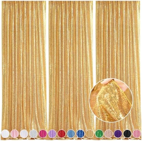 Gold Backdrop Curtain for Parties - 3 Pieces Glitter Sequin Background by QueenDream