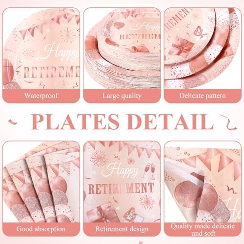 Funnymoom 452 Pcs Retirement Party Decorations for Women, Rose Gold Happy Retirement Paper Plates Napkins Cups Tablecloth Cutlery Straws for Women Say Goodbye Party Supplies, Serves 50 Guests - Image 3