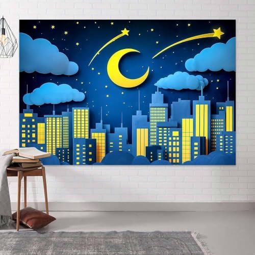 20x10ft Moon Stars Clouds Backdrop Super City Cartoon Paper Cut Hero Photography Backdrop Skyscraper Urban Light Girl Boy Birthday Baby Shower Party Photo Studio Props - Image 5