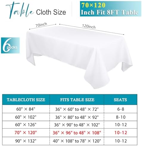 Kesfey 6 Packs White Table Cloths Rectangle 70 x120 inch Washable Polyester Fabric White Tablecloths for 6-8 Ft Tables Stain and Wrinkle Resistant Reusable Table Covers for Parties Wedding Banquet - Image 2