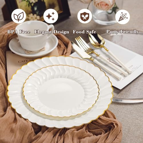 HOMIP 150PCS Ivory Plates with Gold Disposable Silverware - Include 60 Scalloped Plastic Plates, 30 Knives, 30 Forks, 30 Spoons Elegant & Lightweight for Weddings, Birthdays, Parties - Image 4