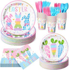 Honeydak 210 Pcs Happy Easter Party Supplies for 30 Guests, Includes Colorful Bunny Plates, Cups, Napkins, Cutlery - Cute Rabbit Carrot Tableware Decoration for Baby Shower Easter Party by Honeydak