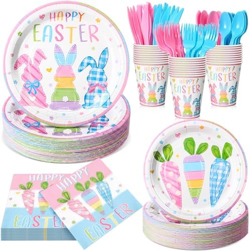 Honeydak 210 Pcs Happy Easter Party Supplies for 30 Guests, Includes Colorful Bunny Plates, Cups, Napkins, Cutlery - Cute Rabbit Carrot Tableware Decoration for Baby Shower Easter Party by Honeydak