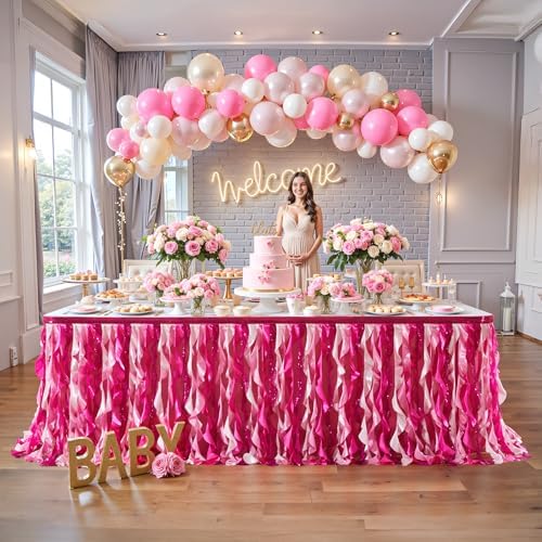Wish Care 9ft Pink Sequin Table Skirt for Rectangle Tables Glitter Curly Willow Fuchsia Tutu Skirt Ruffle Table Cloth Desk Skirts for Princess Girls Birthday Baby Shower Party Cake Table Decorations - Image 6