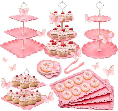 15 PCS Dessert Table Display Set Pink Cupcake Stand,3 Tiered Tray Stand Cup Cake Tower Holder, Cake Stand Serving Trays Dessert Display Stands for Tea Party Wedding Baby Shower Girl-Pink by Horchen