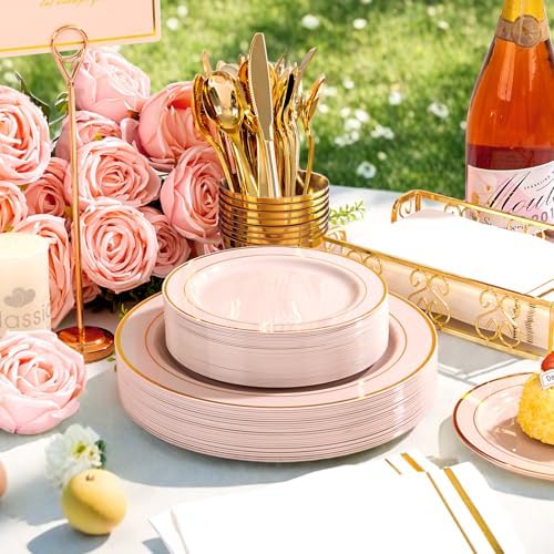 GATHER 700PCS Pink Plastic Plates 100 Guest with Gold Rim for Wedding Party - Image 4