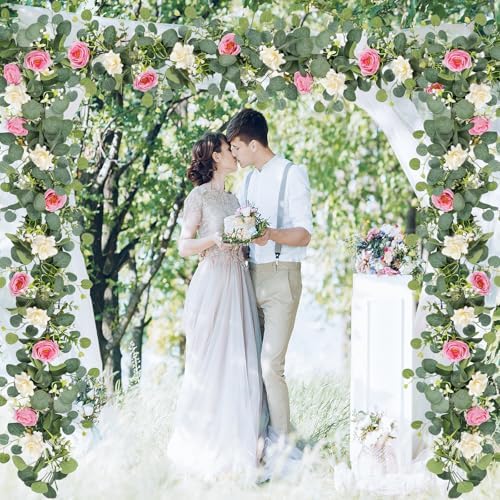 TOCHGREEN 4 Pack Artificial Eucalyptus Flower Garland with White Pink Roses - Image 6