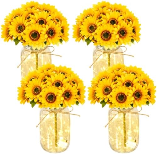4 Sets Sunflower Mason Jar Centerpiece with LED Lights for Wedding by Tianxunewtig