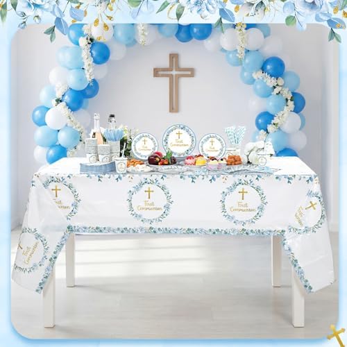 Ceenna 452 Pcs First Communion Party Decoration Boy for 50, Blue Baptism Paper Plate Napkin Cup Tablecloth Cutlery Straw God Bless Disposable Tableware for Christening Religious Baby Shower Supplies - Image 5