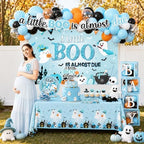 Blue Halloween Baby Shower Decorations Boy, All-in-1 A Little Boo is Almost Due Baby Shower Decorations with Balloon Arch Kit Baby Boxes Plates Napkins Cake Toppers Tablecloth Backdrop Spooky Decor - Image 4