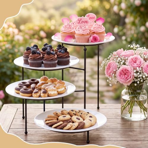 4 Tiered Serving Stand with 4 White Porcelain Plates 10 Inch Round Trays Black Metal Dessert Stand Rotating Serving Tray Display for Parties, Wedding, Baby Shower, Buffet Entertaining - Image 5