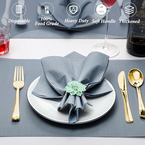 Gueevin 50 Set Linen Napkins with Plastic Cutlery Dusty Blue and Gold - Image 4