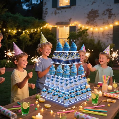 5 Tier Cupcake Stand with Blue Lights, Acrylic Square Cupcake Tower - Image 3