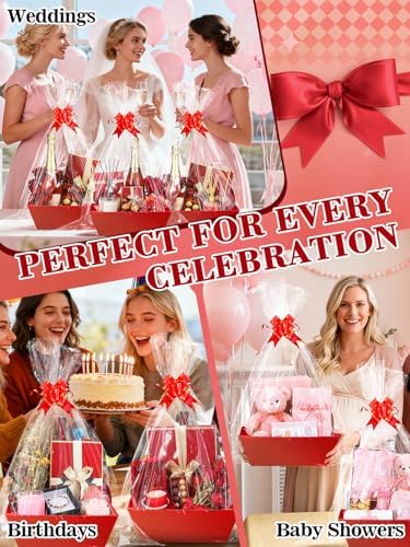 Beeplove 6 Sets Large Thick Kraft Baskets for Gifts Empty - Gift Baskets Empty Kit with Cellophane Wrap and Pull Bows for Wedding Birthday Bridesmaid Baby Shower, Red - Image 6