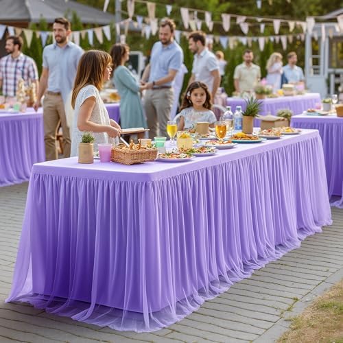 Wish Care Lavender Tulle Tablecloth for 6 Foot Rectangle Tables Stretch Fitted Rectangular Table Cloths Purple Wrinkle Free Ruffle Table Covers Tutu Desk Skirt for Wedding Birthday Baby Shower Party - Image 2