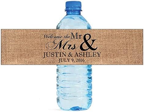 100 Burlap Welcome The Mr & Mrs Wedding Anniversary Engagement Party Water Bottle Labels Bridal Shower Birthday by DesignThatSign
